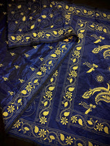 Midnight Blue Color Bangalori Silk Saree with Hand Kantha Stitch with Yellow Color Kantha | Handwoven Kantha Stitch Sarees