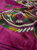 Handmade Deep Pink Color Kantha Saree in Bangalori Silk | Handwoven Kantha Stitch Sarees with Multi Color | Kantha Stitch Silk Saree