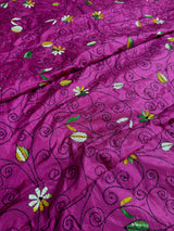 Handmade Deep Pink Color Kantha Saree in Bangalori Silk | Handwoven Kantha Stitch Sarees with Multi Color | Kantha Stitch Silk Saree