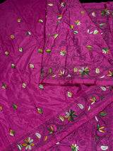 Handmade Deep Pink Color Kantha Saree in Bangalori Silk | Handwoven Kantha Stitch Sarees with Multi Color | Kantha Stitch Silk Saree