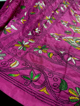 Handmade Deep Pink Color Kantha Saree in Bangalori Silk | Handwoven Kantha Stitch Sarees with Multi Color | Kantha Stitch Silk Saree