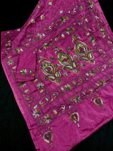 Handmade Deep Pink Color Kantha Saree in Bangalori Silk | Handwoven Kantha Stitch Sarees with Multi Color | Kantha Stitch Silk Saree