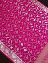Hot Pink Color Semi Pure Mashru Silk Handloom Saree with Gold and Sliver Zari Weave | Banarasi Mashru Silk Sarees