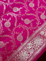 Hot Pink Color Semi Pure Mashru Silk Handloom Saree with Gold and Sliver Zari Weave | Banarasi Mashru Silk Sarees