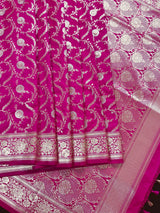 Hot Pink Color Semi Pure Mashru Silk Handloom Saree with Gold and Sliver Zari Weave | Banarasi Mashru Silk Sarees