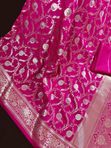 Hot Pink Color Semi Pure Mashru Silk Handloom Saree with Gold and Sliver Zari Weave | Banarasi Mashru Silk Sarees