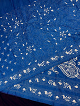 Blue Color Bangalori Silk Saree with White Thread Hand Kantha Stitch | Handwoven Kantha Stitch Sarees | Kantha Sarees