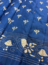 Blue Color Bangalori Silk Saree with White Thread Hand Kantha Stitch | Handwoven Kantha Stitch Sarees | Kantha Sarees