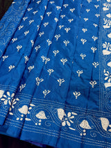 Blue Color Bangalori Silk Saree with White Thread Hand Kantha Stitch | Handwoven Kantha Stitch Sarees | Kantha Sarees
