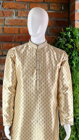 Gold Color Brocade Banarasi Silk Men Kurta with Weave Work | Mens Ethnic Wear | Indian Men Clothing USA | Wedding Wear Kurtas | Kurta Pajama