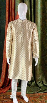 Gold Color Brocade Banarasi Silk Men Kurta with Weave Work | Mens Ethnic Wear | Indian Men Clothing USA | Wedding Wear Kurtas | Kurta Pajama