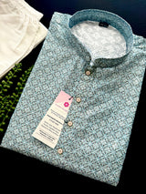 Sea Blue Color Designer Kurta with Floral Digital Print in Soft 100% Cotton with Emberiodery and Sequin Work | Mens Ethnic Wear