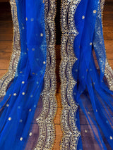 Blue Color Net Dupatta with Gold Zari, Sequin and Beads | Sequin Dupatta | Sequin Dupattas | Indian Dupatta for Lehanga