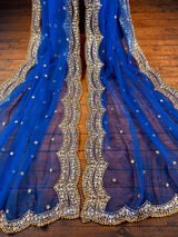 Blue Color Net Dupatta with Gold Zari, Sequin and Beads | Sequin Dupatta | Sequin Dupattas | Indian Dupatta for Lehanga