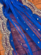 Blue Color Net Dupatta with Gold Zari, Sequin and Beads | Sequin Dupatta | Sequin Dupattas | Indian Dupatta for Lehanga