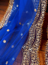Blue Color Net Dupatta with Gold Zari, Sequin and Beads | Sequin Dupatta | Sequin Dupattas | Indian Dupatta for Lehanga