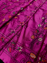 Purple Color Bangalori Silk Saree with Hand Kantha Stitch | Handwoven Kantha Stitch Sarees | Kantha Saress | Bengal Sarees
