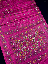 Pink Color Bangalori Silk Saree with Hand Kantha Stitch | Handwoven Kantha Stitch Sarees | Kantha Saress | Bengal Sarees