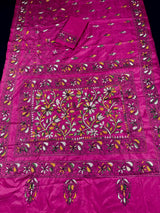 Pink Color Bangalori Silk Saree with Hand Kantha Stitch | Handwoven Kantha Stitch Sarees | Kantha Saress | Bengal Sarees