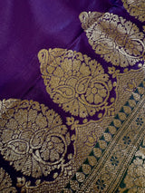 Dual Shade Purple and Blue Traditional Banarasi Satin Silk Handloom Saree with Bottle Green borders Pallu