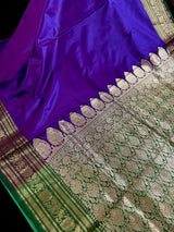 Dual Shade Purple and Blue Traditional Banarasi Satin Silk Handloom Saree with Bottle Green borders Pallu