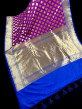 Purple and Blue Color Half n Half Traditional Banarasi Handloom Saree with Gold Zari Weave | Banarasi Silk Saree