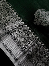 Bottle Green Color Bengal Linen Silk Handwoven Saree with Sliver Zari Weave | Bengal Linen Sarees | Handloom Sarees | Without Blouse Piece