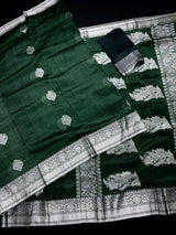 Bottle Green Color Bengal Linen Silk Handwoven Saree with Sliver Zari Weave | Bengal Linen Sarees | Handloom Sarees | Without Blouse Piece