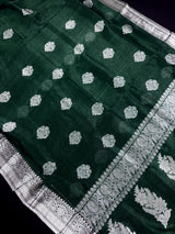 Bottle Green Color Bengal Linen Silk Handwoven Saree with Sliver Zari Weave | Bengal Linen Sarees | Handloom Sarees | Without Blouse Piece