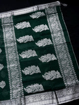 Bottle Green Color Bengal Linen Silk Handwoven Saree with Sliver Zari Weave | Bengal Linen Sarees | Handloom Sarees | Without Blouse Piece