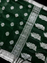Bottle Green Color Bengal Linen Silk Handwoven Saree with Sliver Zari Weave | Bengal Linen Sarees | Handloom Sarees | Without Blouse Piece