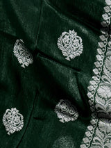 Bottle Green Color Bengal Linen Silk Handwoven Saree with Sliver Zari Weave | Bengal Linen Sarees | Handloom Sarees | Without Blouse Piece