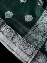 Bottle Green Color Bengal Linen Silk Handwoven Saree with Sliver Zari Weave | Bengal Linen Sarees | Handloom Sarees | Without Blouse Piece