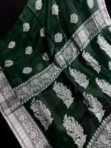 Bottle Green Color Bengal Linen Silk Handwoven Saree with Sliver Zari Weave | Bengal Linen Sarees | Handloom Sarees | Without Blouse Piece