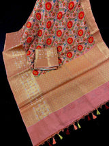 Statement Handmade Pure Banaras Cotton Silk Kalamkari Saree in Peach Color with Wide Borders | Kalamakari Saree