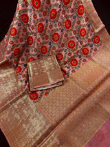 Statement Handmade Pure Banaras Cotton Silk Kalamkari Saree in Peach Color with Wide Borders | Kalamakari Saree