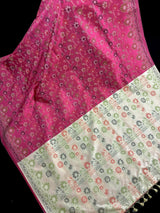 Handmade Deep Pink Color with Cream Color Pallu | Muted Resham Zari Weave with Meenakari Floral Jaal | Light Weight Easy Drape Saree
