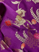 Statement Handmade Purple Color Banarasi Semi Katan Silk Saree with Meenakari and Muted Gold Zari Weave with Floral Jaal