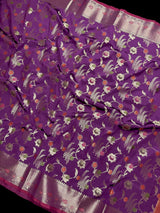 Statement Handmade Purple Color Banarasi Semi Katan Silk Saree with Meenakari and Muted Gold Zari Weave with Floral Jaal
