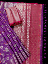 Statement Handmade Purple Color Banarasi Semi Katan Silk Saree with Meenakari and Muted Gold Zari Weave with Floral Jaal
