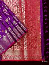 Statement Handmade Purple Color Banarasi Semi Katan Silk Saree with Meenakari and Muted Gold Zari Weave with Floral Jaal