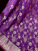 Statement Handmade Purple Color Banarasi Semi Katan Silk Saree with Meenakari and Muted Gold Zari Weave with Floral Jaal
