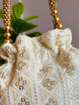 Off White Color Raw Silk Light Weight Potli Bag | Embroidery and Gotta Patti Work Potli Bags | Bags for Gifts | Wedding Bags