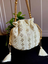 Off White Color Raw Silk Light Weight Potli Bag | Embroidery and Gotta Patti Work Potli Bags | Bags for Gifts | Wedding Bags