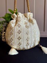 Off White Color Raw Silk Light Weight Potli Bag | Embroidery and Gotta Patti Work Potli Bags | Bags for Gifts | Wedding Bags