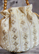 Off White Color Raw Silk Light Weight Potli Bag | Embroidery and Gotta Patti Work Potli Bags | Bags for Gifts | Wedding Bags
