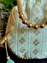 Pastel Sea Blue Color Raw Silk Light Weight Potli Bag | Embroidery and Gotta Patti Work Potli Bags | Bags for Gifts | Wedding Bags