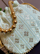 Pastel Sea Blue Color Raw Silk Light Weight Potli Bag | Embroidery and Gotta Patti Work Potli Bags | Bags for Gifts | Wedding Bags