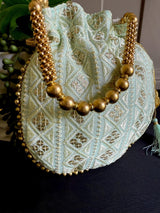 Pastel Sea Blue Color Raw Silk Light Weight Potli Bag | Embroidery and Gotta Patti Work Potli Bags | Bags for Gifts | Wedding Bags