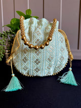 Pastel Sea Blue Color Raw Silk Light Weight Potli Bag | Embroidery and Gotta Patti Work Potli Bags | Bags for Gifts | Wedding Bags